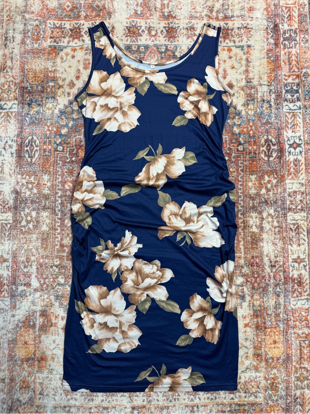Blue Floral Sleeveless Ruched Maternity Dress Size Medium